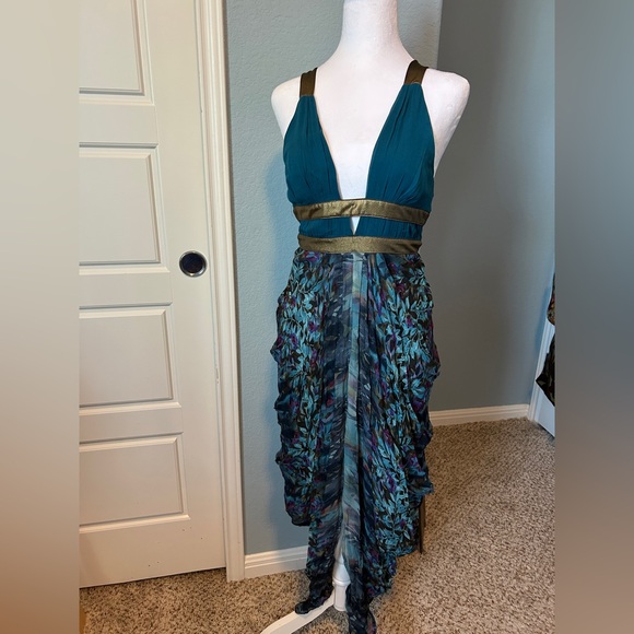 bebe Dresses & Skirts - BEBE Silk Hi Lo Maxi Dress Teal & Gold - Size XS
